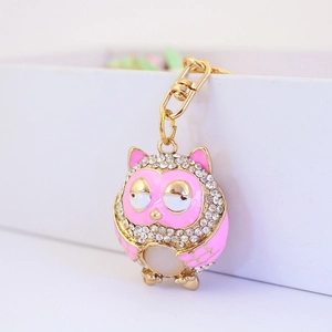 Cute pink owl keychain in gold alloy with sparkling rhinestones for handbags