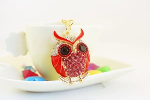 Detailed close-up of a creative cartoon owl keychain with pink and red rhinestones