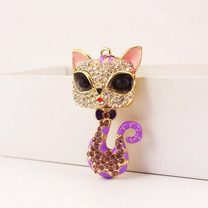 Porte-clés chat scintillant avec strass en cristal et émail violet en alliage doré