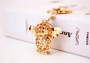 Close-up of golden elephant keychain with blue rhinestones on an open white book
