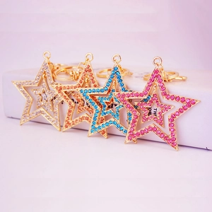 Luxury Double Layer Hollow Star Keychain Gold Plated Zinc Alloy Rhinestone Bag Charm Pendant Key Ring Accessories Women Gift
