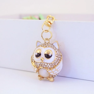 Creative gold owl keychain with white rhinestones and enamel for women's handbags