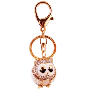 Cute cartoon owl keychain with white rhinestones and golden alloy for women handbags