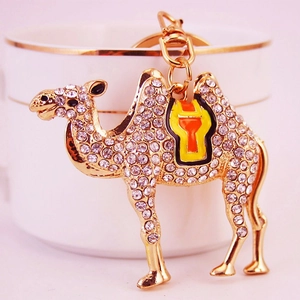 Creative camel keychain with sparkling rhinestones and colorful enamel on a gold metal base