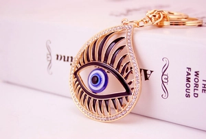 Close-up of sparkling evil eye keychain with gold rhinestones on a white book