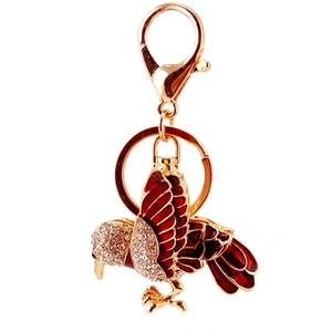Creative gold metal bird keychain with sparkling white rhinestones and red enamel coating