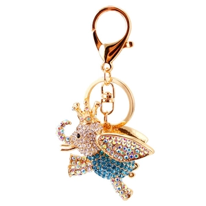 Cute flying elephant keychain with colorful rhinestones and gold crown on white background