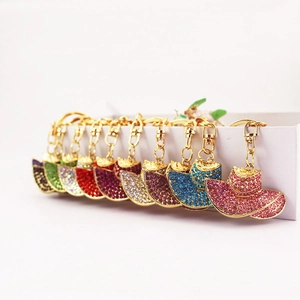 Creative Cute Rhinestone Sun Hat Keychain For Women Zinc Alloy Metal Cowboy Hat Bag Pendant Gold Plated Crystal Key Ring