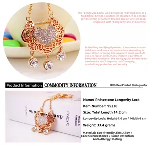 Detail of Chinese long-life lock keychain with rhinestones and gold hollow-out pattern