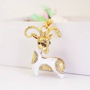 Creative cute goat pendant keychain with white enamel and sparkling rhinestones for gifts