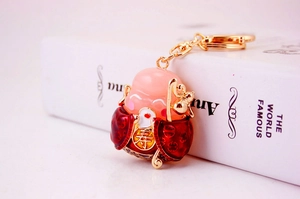 Macro detail of God of Longevity keychain with Shou character and golden gourd charm