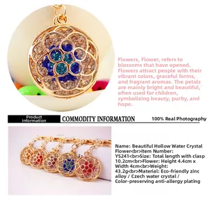 Macro detail of rhinestone hollow flower keychain showing crystal texture and zinc alloy plating