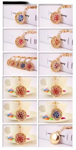 Detail view of gold hollow flower keychains with multicolored rhinestones for handbags