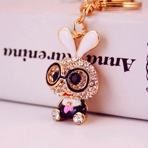 Cute cartoon rabbit keychain with sparkling rhinestones and a black suit for bags