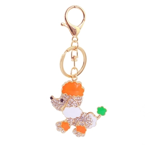 Bunter Pudel-Schlüsselanhänger mit Strass, Emaille-Kleeblatt und goldener Klemmspange