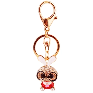 Sparkly rhinestone cartoon bunny keychain with black glasses and gold alloy lobster clasp