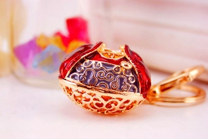 Detailed macro view of Chinese style cloisonne enamel keychain with golden hollow patterns
