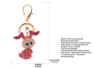 Detailed view of rhinestone rabbit keychain with dimensions 12.2cm and zinc alloy material