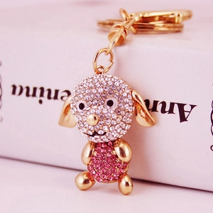 Porte-clés chien en strass brillant avec longues oreilles et anneau en métal doré