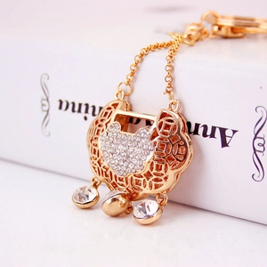 Chinese Style Longevity Lock Keychain For Women Gold Zinc Alloy Hollow Rhinestone Dangle Pendant Key Ring Decorative Gift