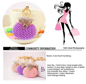 Detailed size parameters of rhinestone pearl handbag keychain with dimensions and weight