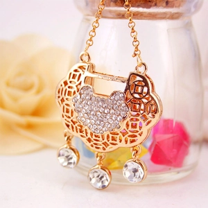 Golden Chinese longevity lock necklace pendant with crystals and hollow coin pattern