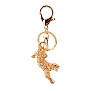 Sparkling rhinestone cheetah keychain with gold plating and crystal leaping leopard pendant