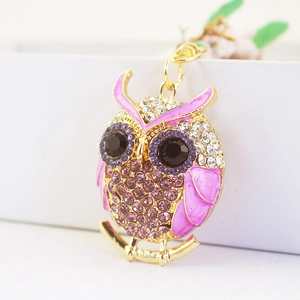 Portachiavi creativo a gufo con ali in smalto rosa e strass di cristallo viola