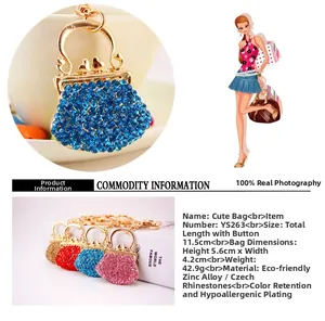 Detail view of crystal handbag keychain showing dimensions 11.5cm length and colors