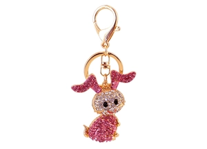 Close-up of pink and white crystal rhinestone long-eared rabbit keychain with gold alloy clasp