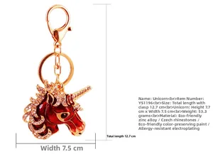 Detailed size specifications of a cartoon unicorn keychain with crystals and gold finish