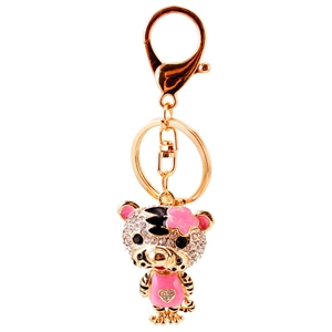 Porte-clés tigre du zodiaque étincelant avec strass et détails de fleurs roses pour femme