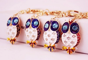 Detail showing crystal owl keychains with rhinestones and enamel on a white box display