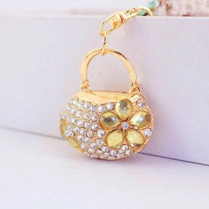 Sparkling crystal handbag keychain with yellow floral rhinestones and gold lobster clasp