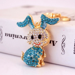 Sparkling blue and white crystal rabbit keychain with gold alloy metal for bags