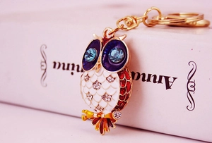 Detail of crystal owl keychain with blue eyes and enamel finish on a white book