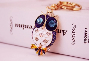 Macro detail of owl keychain with purple enamel and blue rhinestone eyes on metal base