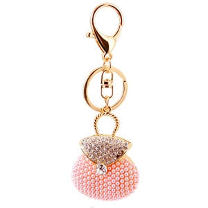 Pink pearl handbag keychain with crystals and gold metal ring for women accessories