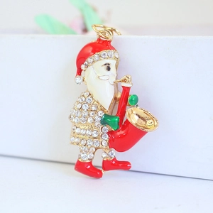 Creative Saxophone Santa Claus Keychain Rhinestone Enamel Alloy Metal Pendant Women Bag Charm Christmas Gift Jewelry