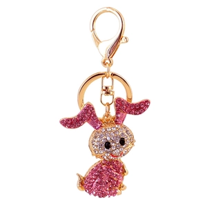 Sparkling pink rhinestone bunny keychain with golden metal clasp for bags and car keys