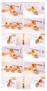 Macro detail of high heel keychain with rhinestones and daisy flower charms in gold finish