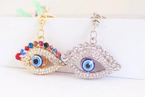 Gros plan de charms œil maléfique en finitions or et argent avec strass multicolores