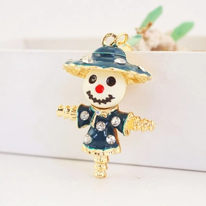 Creative scarecrow keychain with blue enamel and sparkling crystal rhinestones