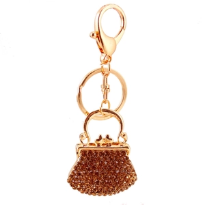 Golden alloy handbag keychain with brown rhinestones and large spring clip hook