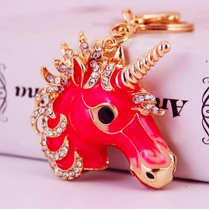 Cute crystal rhinestone unicorn metal keychain with red enamel for handbags and car keys