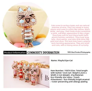 Detailed view of rhinestone cat keychains in various colors with product dimensions