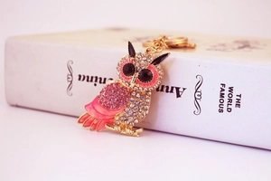 Détail du porte-clés hibou rose avec strass et émail sur le bord d'un livre