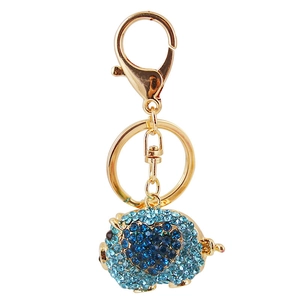 Cute golden pig keychain with blue rhinestones and lobster clasp for car keys