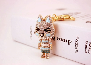 Detailed macro view of the sparkling rhinestones on the golden cat keychain pendant