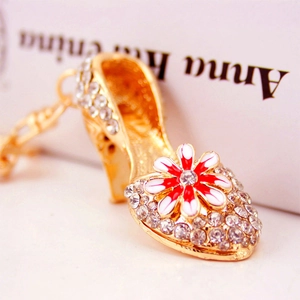 Cute Zinc Alloy Rhinestone High Heel Shoe Keychain With Enamel Daisy Flower Bag Charm Metal Car Keyring For Women Gift